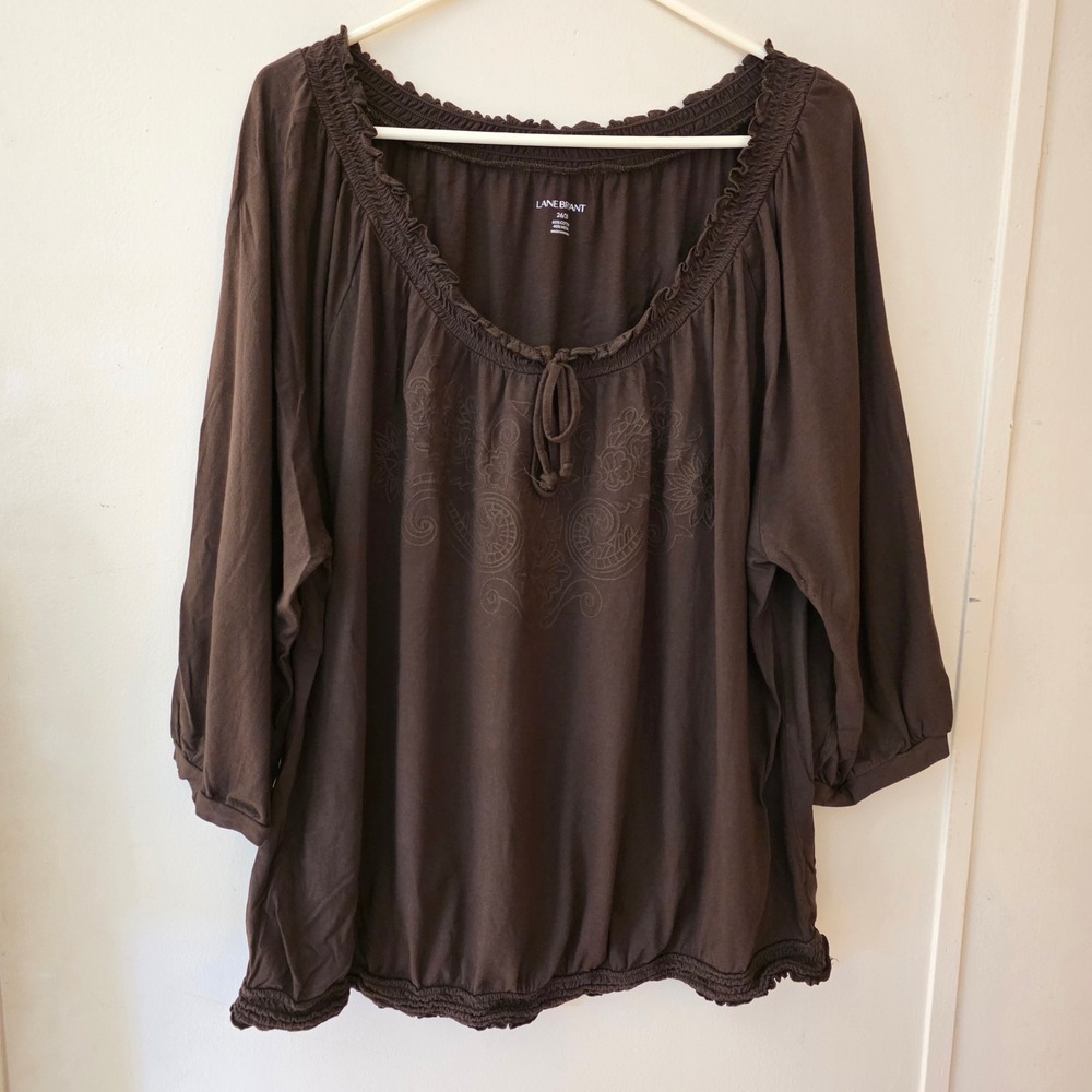 Lane Bryant Womens Blouse Plus Size 26/28 Brown Embroidered Peasant Top Boho